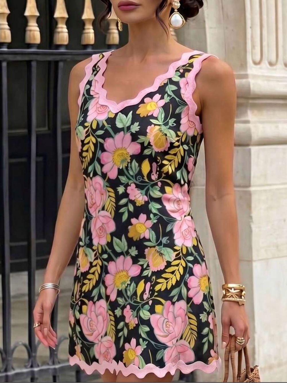Floral Scallop-Trim Pink and Black Sleeveless Dress